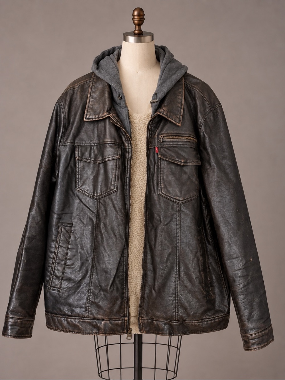 Levi’s XXL Faux Leather Hooded Sherpa Lined Jacket Dark Brown